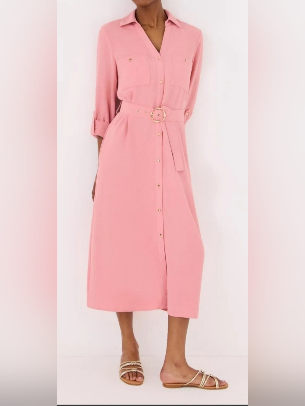 Suzi Chin for Maggy Boutique Pink Long Sleeve Shirt Dress with Belt